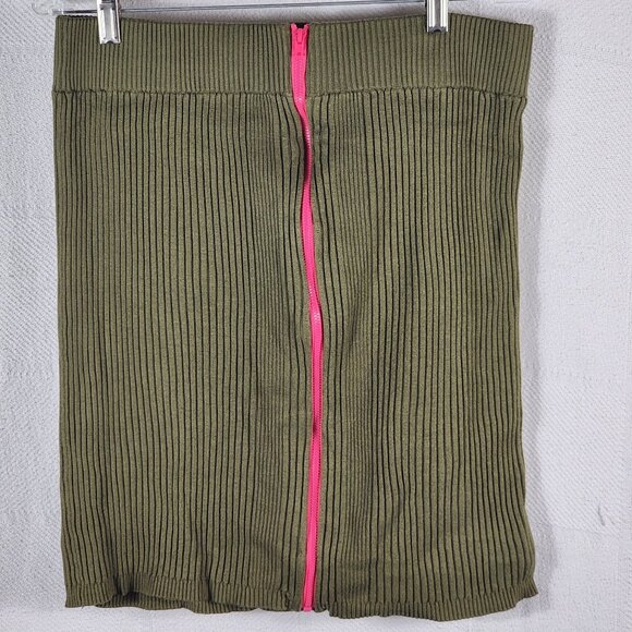 Nicki Minaj Olive Green w/Hot Pink Front Zipper Ribbed Rayon Nylon Skirt Size XL - Picture 1 of 16
